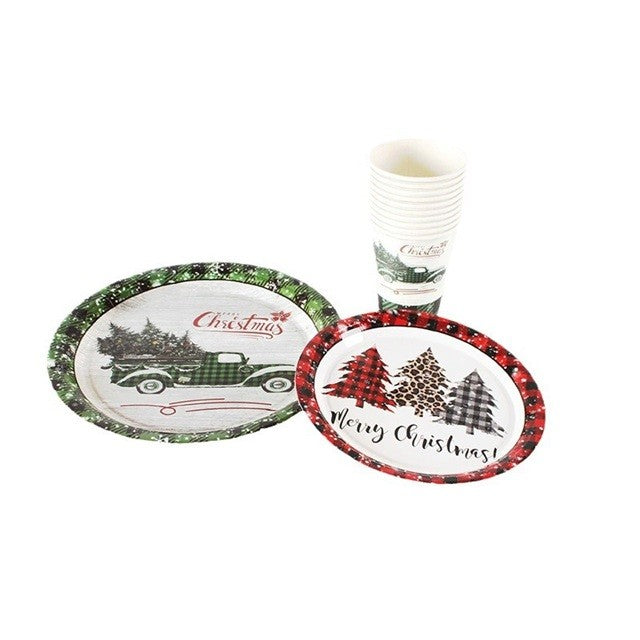 Set Farfurii Unica Folosinta pentru Craciun, Model Festiv Brazi, Carton Rezistent, 18 cm, Multicolor, 10 Bucati