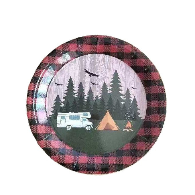 Set Farfurii Unica Folosinta, Model Camping pentru Petrecere si Picnic, Carton Rezistent, 23 cm, Multicolor, 10 Bucati