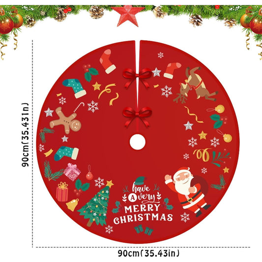Covoras pentru Brad de Craciun, Model Mos Craciun cu Fundite de Prindere, Tesatura Pufoasa, Rosu, Diametru 90 cm