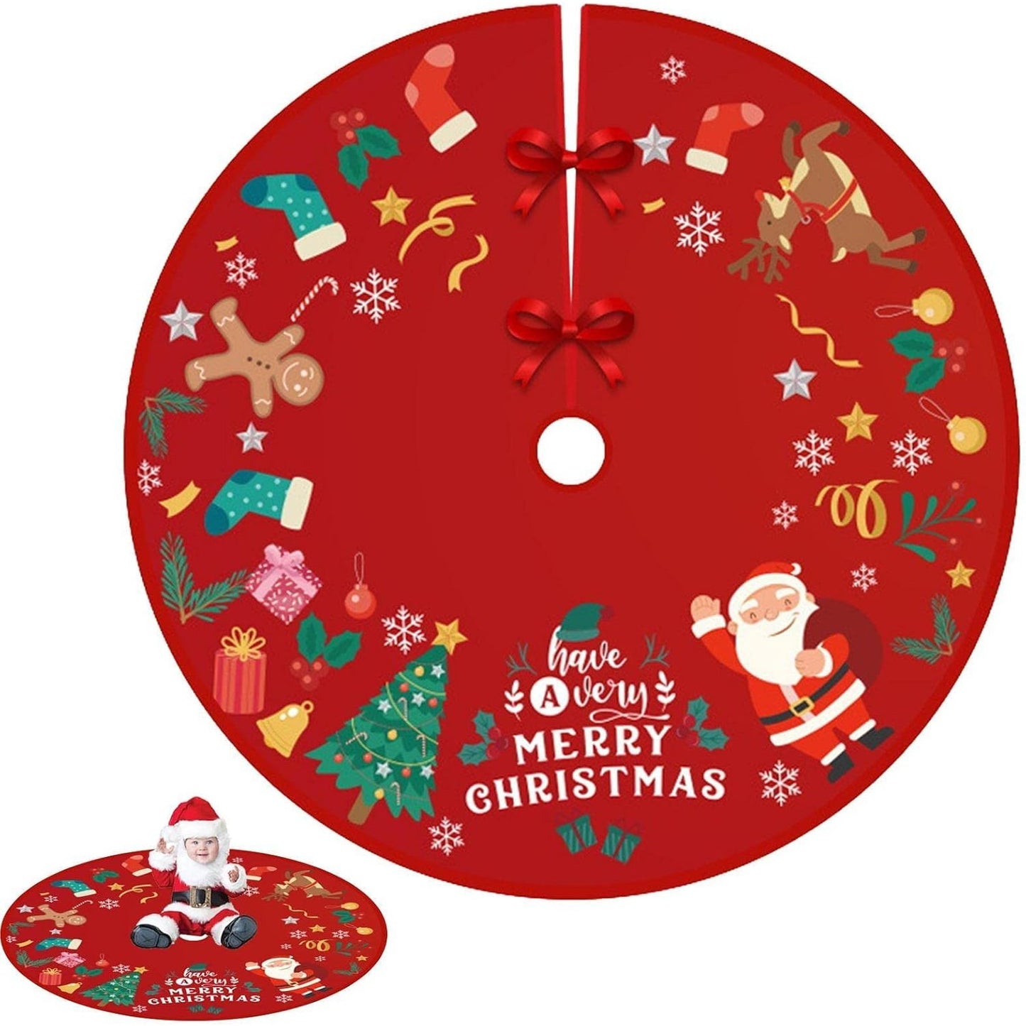 Covoras pentru Brad de Craciun, Model Mos Craciun cu Fundite de Prindere, Tesatura Pufoasa, Rosu, Diametru 90 cm