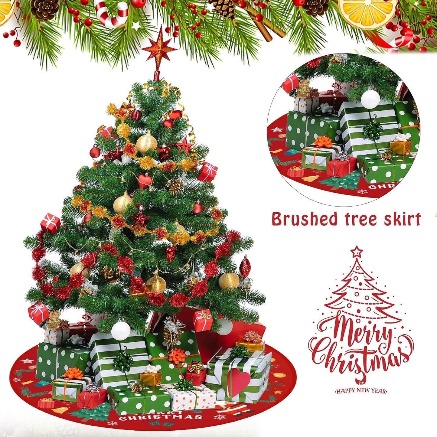 Covoras pentru Brad de Craciun, Model Mos Craciun cu Fundite de Prindere, Tesatura Pufoasa, Rosu, Diametru 90 cm