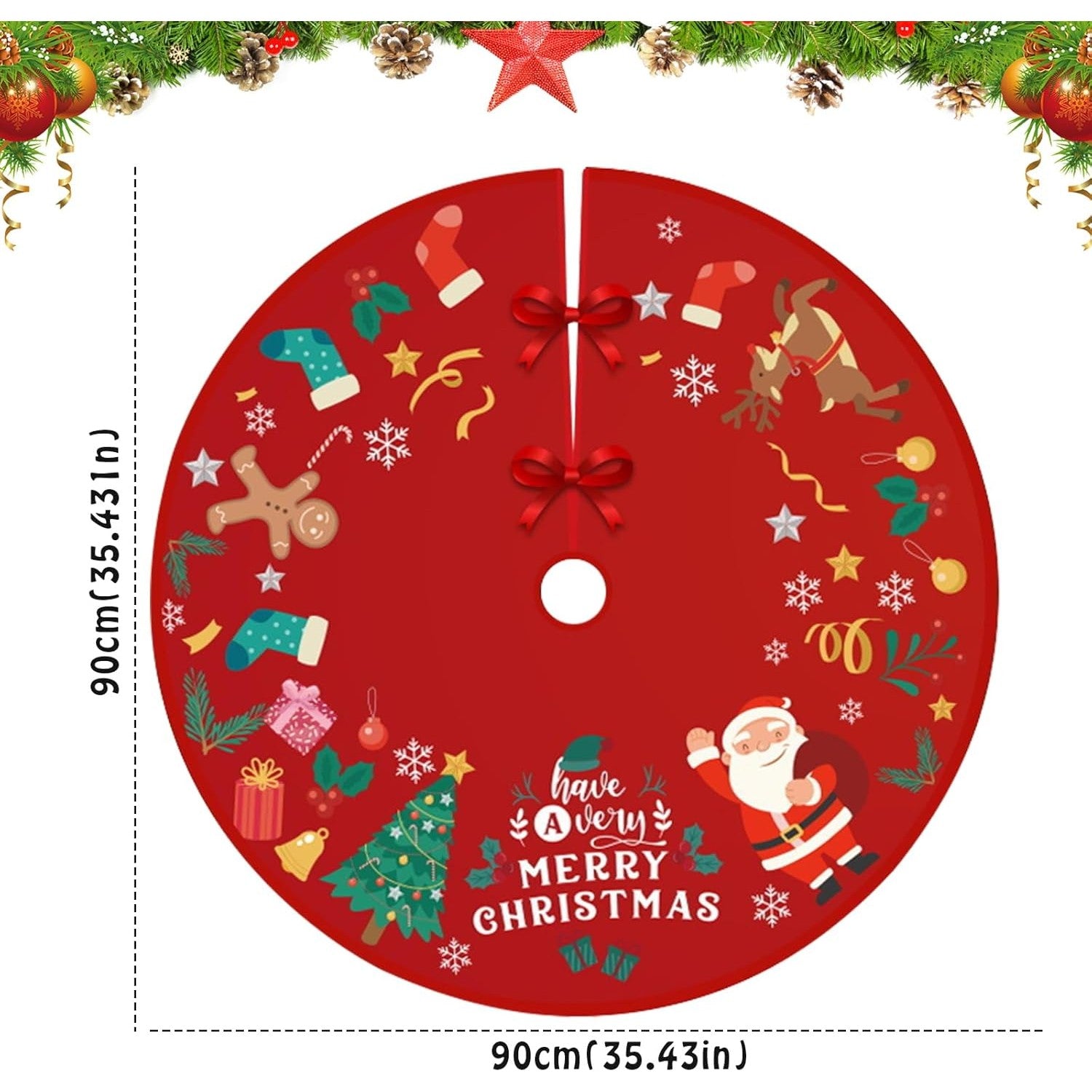 Covoras pentru Brad de Craciun, Model Mos Craciun cu Fundite de Prindere, Tesatura Pufoasa, Rosu, Diametru 90 cm