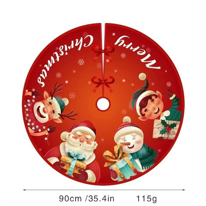 Covoraș pentru Bradul de Crăciun, Model Moș Crăciun și Ajutoarele, Țesătură Pufoasă cu Fundițe de Prindere, Textură Moale, Roșu, Diametru 90 cm