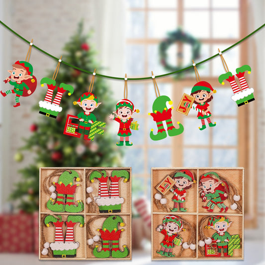 Set 12 Decoratiuni de Craciun din Lemn, Ornamente Brad Model Elfi cu Snur de Agatare, Figurine Festive Multicolor, 4 Modele, Dimensiuni Variate