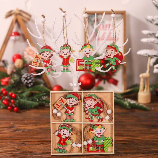 Set 12 Decoratiuni de Craciun din Lemn, Ornamente Brad Model Elfi cu Snur de Agatare, Figurine Festive Multicolor, 4 Modele, Dimensiuni Variate