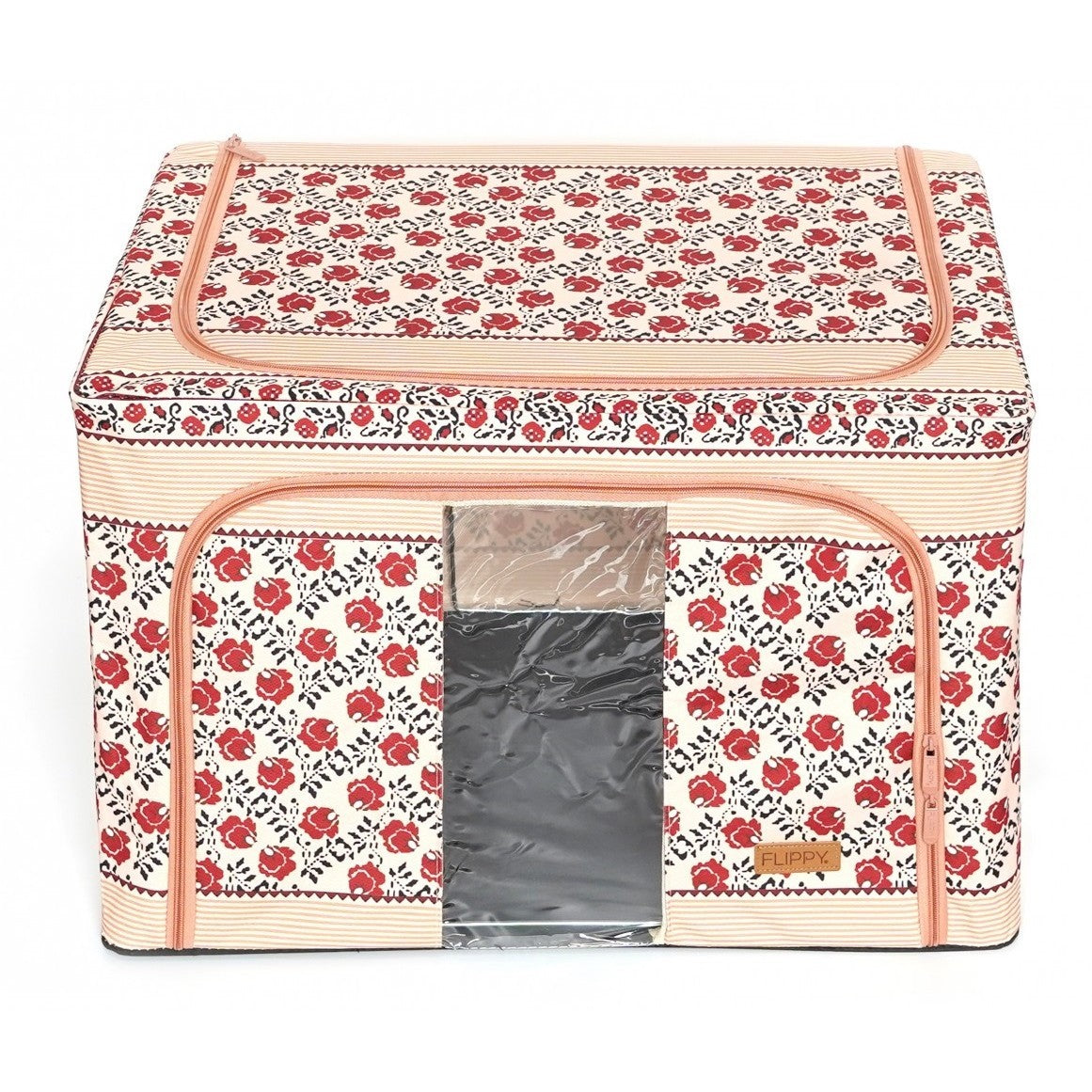 Cutie Depozitare Pliabila pentru Haine si Lenjerie, Cadru Metalic si Fermoar Bidirectional, Fereastra Transparenta, Bumbac si In, 66 L, 52 x 42 x 39 cm, Motiv Traditional Model 7