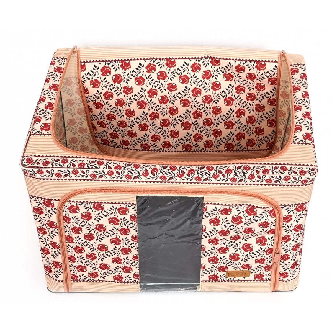Cutie Depozitare Pliabila pentru Haine si Lenjerie, Cadru Metalic si Fermoar Bidirectional, Fereastra Transparenta, Bumbac si In, 66 L, 52 x 42 x 39 cm, Motiv Traditional Model 7