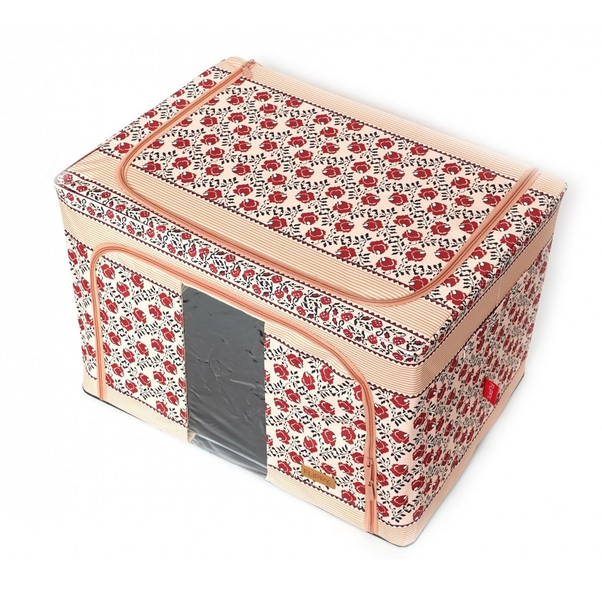 Cutie Depozitare Pliabila pentru Haine si Lenjerie, Cadru Metalic si Fermoar Bidirectional, Fereastra Transparenta, Bumbac si In, 66 L, 52 x 42 x 39 cm, Motiv Traditional Model 7