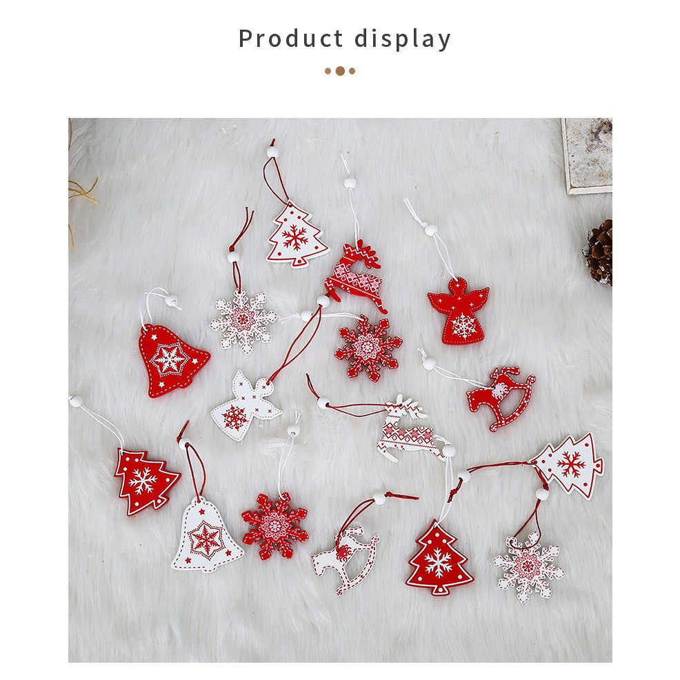 Set 12 Decoratiuni de Craciun pentru Brad, Ornamente Rustice cu Snur de Agatare, Modele Brazi si Fulgi de Nea, Lemn Natural, Alb si Rosu