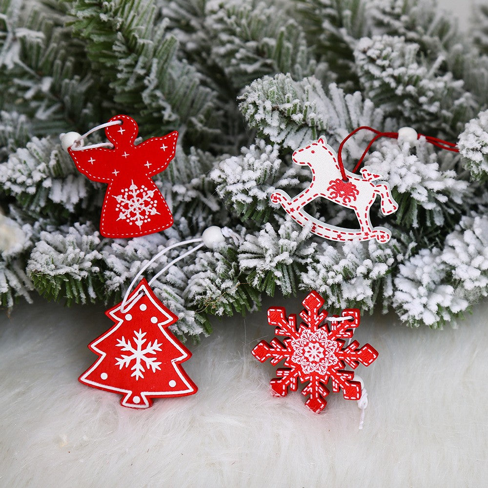 Set 12 Decoratiuni de Craciun din Lemn, Ornamente pentru Brad cu Snur de Agatare, Modele Ingerasi si Brazi, Stil Rustic, Alb si Rosu