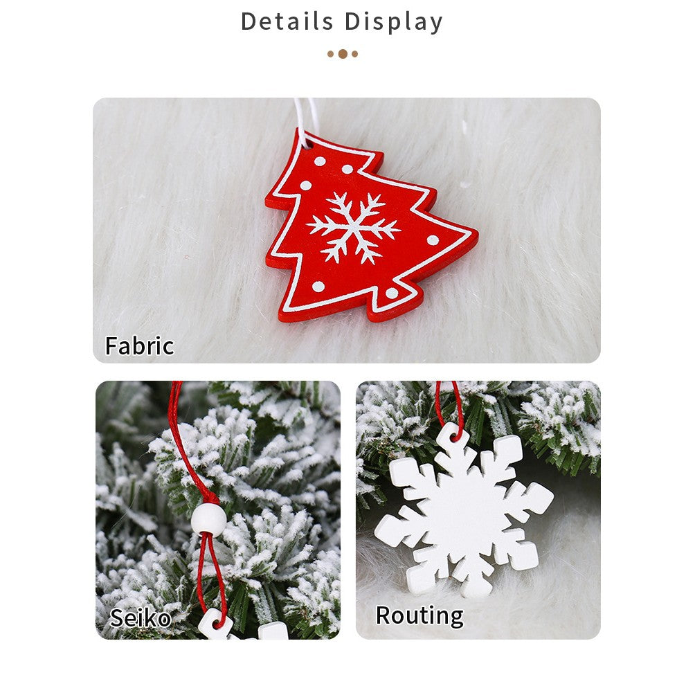 Set 12 Decoratiuni de Craciun din Lemn, Ornamente pentru Brad cu Snur de Agatare, Modele Ingerasi si Brazi, Stil Rustic, Alb si Rosu