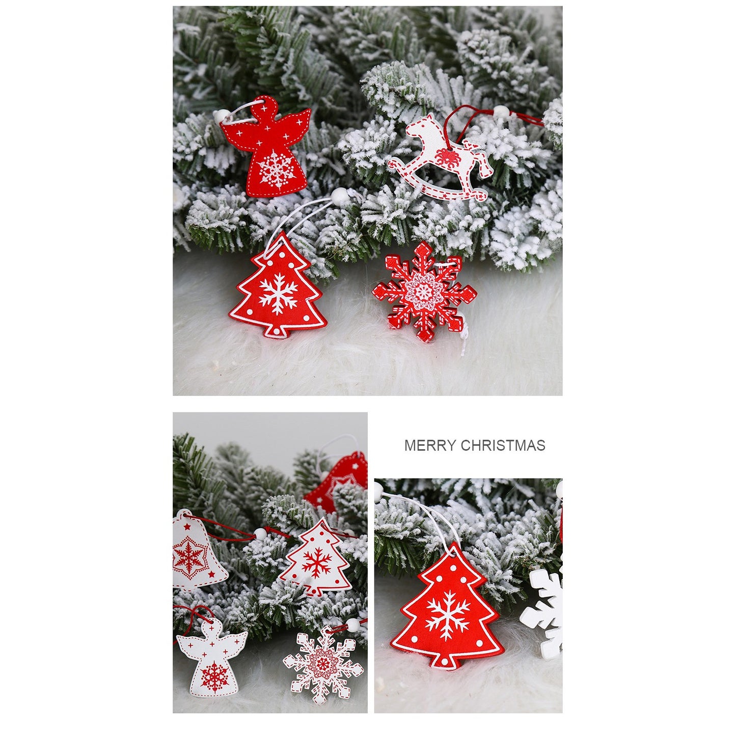 Set 12 Decoratiuni de Craciun din Lemn, Ornamente pentru Brad cu Snur de Agatare, Modele Ingerasi si Brazi, Stil Rustic, Alb si Rosu