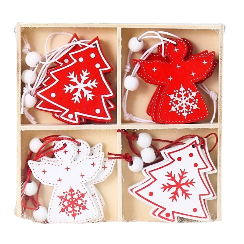 Set 12 Decoratiuni de Craciun din Lemn, Ornamente pentru Brad cu Snur de Agatare, Modele Ingerasi si Brazi, Stil Rustic, Alb si Rosu