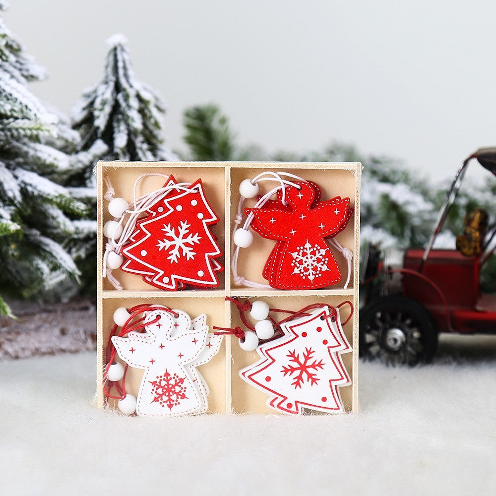 Set 12 Decoratiuni de Craciun din Lemn, Ornamente pentru Brad cu Snur de Agatare, Modele Ingerasi si Brazi, Stil Rustic, Alb si Rosu