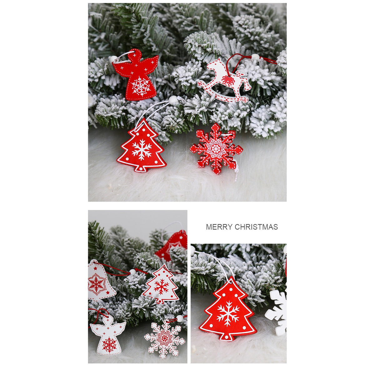 Set 12 Decoratiuni Craciun pentru Brad, Ornamente Rustice cu Reni si Fulgi de Nea, Lemn cu Snur de Agatare, Alb si Rosu