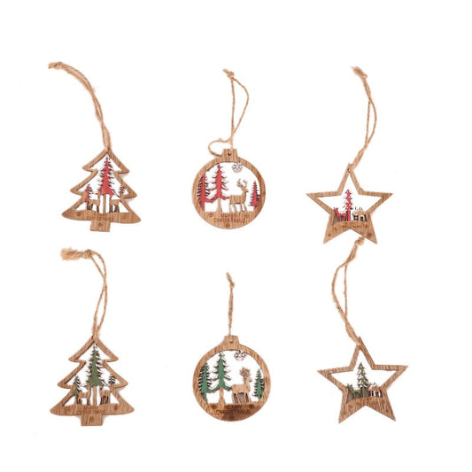 Set Decoratiuni de Craciun pentru Brad, Ornamente Rustice cu Snur de Agatare, Lemn, Modele Mixte Brad, Glob si Stea, Rosu, 6 Piese