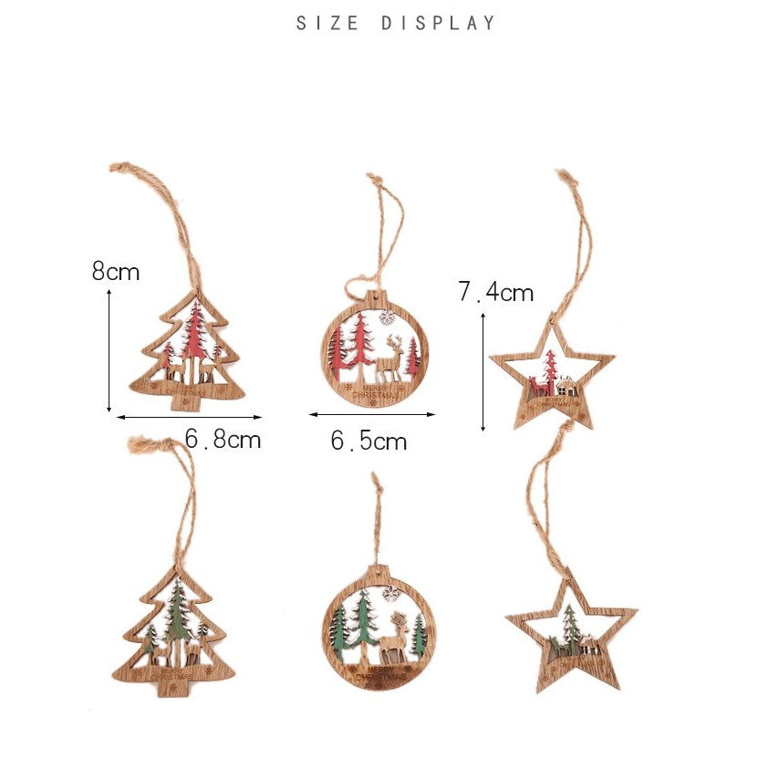 Set Decoratiuni de Craciun pentru Brad, Ornamente Rustice cu Snur de Agatare, Forme Brad, Glob si Steluta, Lemn, Set 6 Piese, Verde