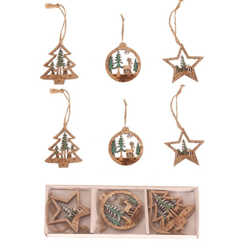Set Decoratiuni de Craciun pentru Brad, Ornamente Rustice cu Snur de Agatare, Forme Brad, Glob si Steluta, Lemn, Set 6 Piese, Verde