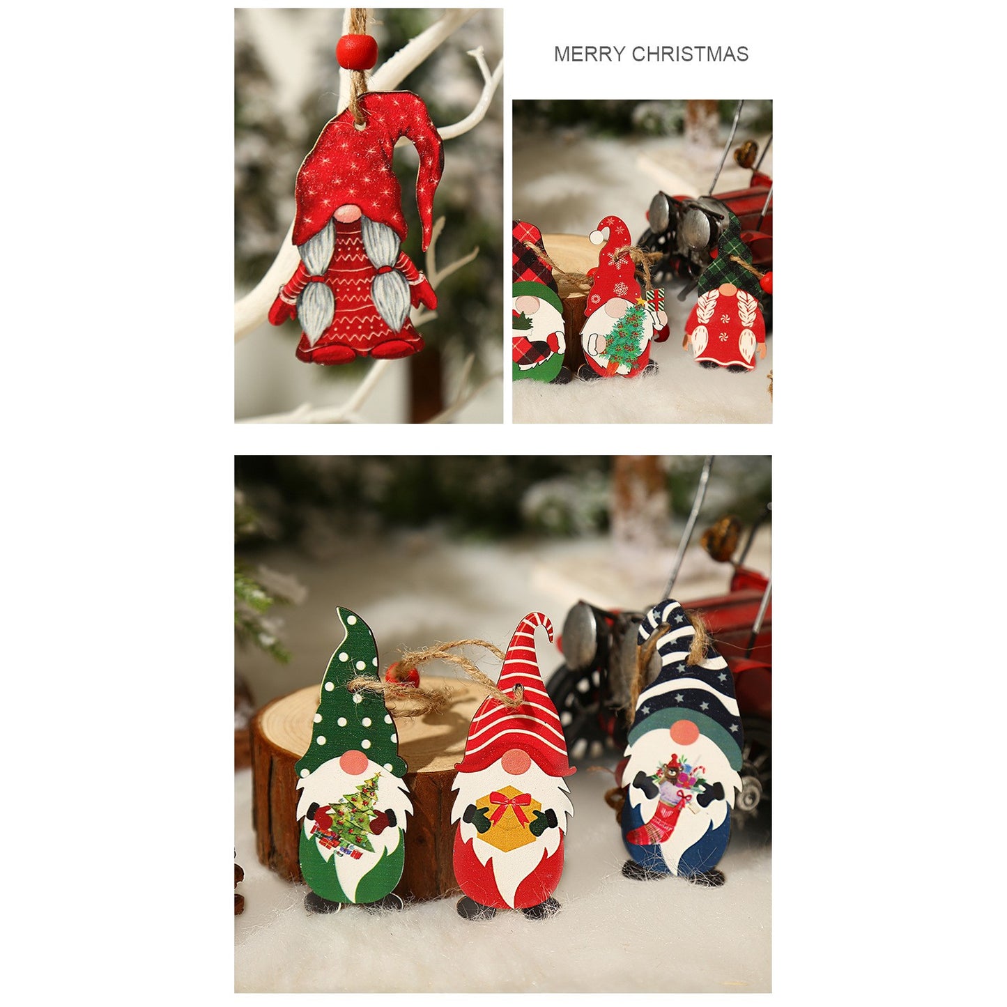 Set 9 Decoratiuni de Craciun pentru Brad, Ornamente din Lemn cu Snur de Agatare, Model Mos Craciun, 3 Designuri Diferite, Rosu/Alb