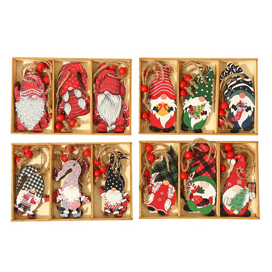 Set 9 Decoratiuni de Craciun pentru Brad, Ornamente Mos Craciun cu Snur de Agatare, Lemn Natural, 3 Modele Diferite, Multicolor