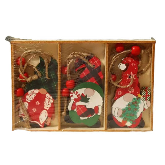 Set 9 Decoratiuni de Craciun din Lemn pentru Brad, Ornamente cu Snur de Agatare, Model Mos Craciun Pitic, 3 Modele Festive, Multicolor