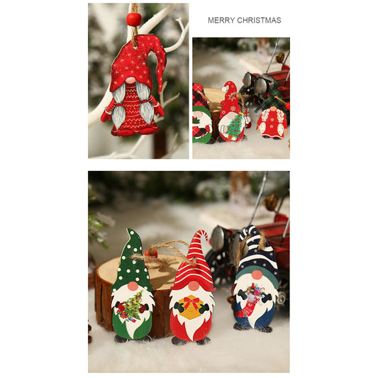 Set 9 Decoratiuni de Craciun din Lemn pentru Brad, Ornamente cu Snur de Agatare, Model Mos Craciun Pitic, 3 Modele Festive, Multicolor