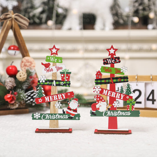 Decoratiune de Craciun din Lemn, Model Bradut cu Mesaj Festive, Ornament pentru Masa si Raft, Lemn Natural, 21.5x12.2x4 cm, Multicolor
