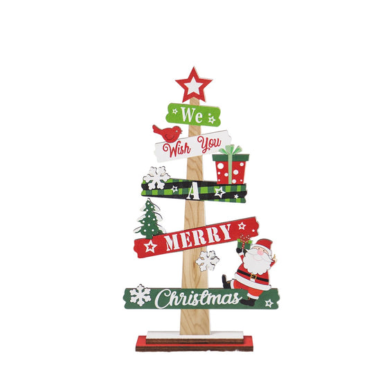 Decoratiune Craciun Masa, Bradut din Lemn cu Inscriptie We Wish You A Merry Christmas, Ornament Festiv, Multicolor, 21.5x12.2x4 cm