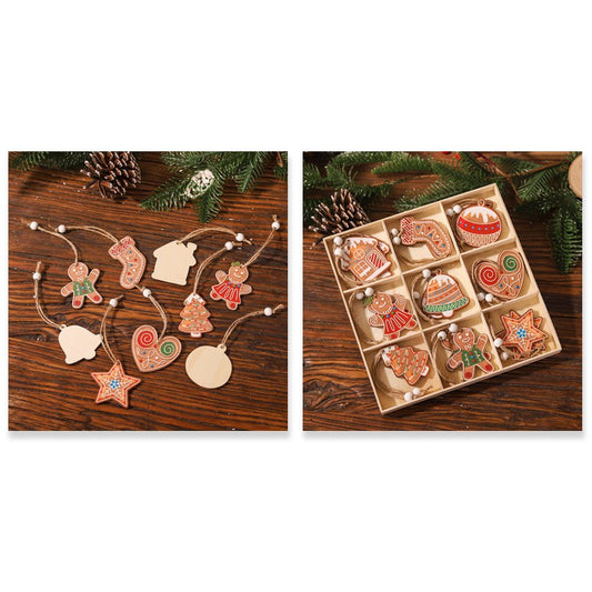 Set 18 Decoratiuni de Craciun din Lemn, Ornamente pentru Brad cu Snur de Agatare, Modele Rustice Diverse, Multicolor, 18 Piese