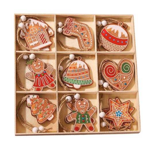 Set 18 Decoratiuni de Craciun din Lemn, Ornamente pentru Brad cu Snur de Agatare, Modele Rustice Diverse, Multicolor, 18 Piese