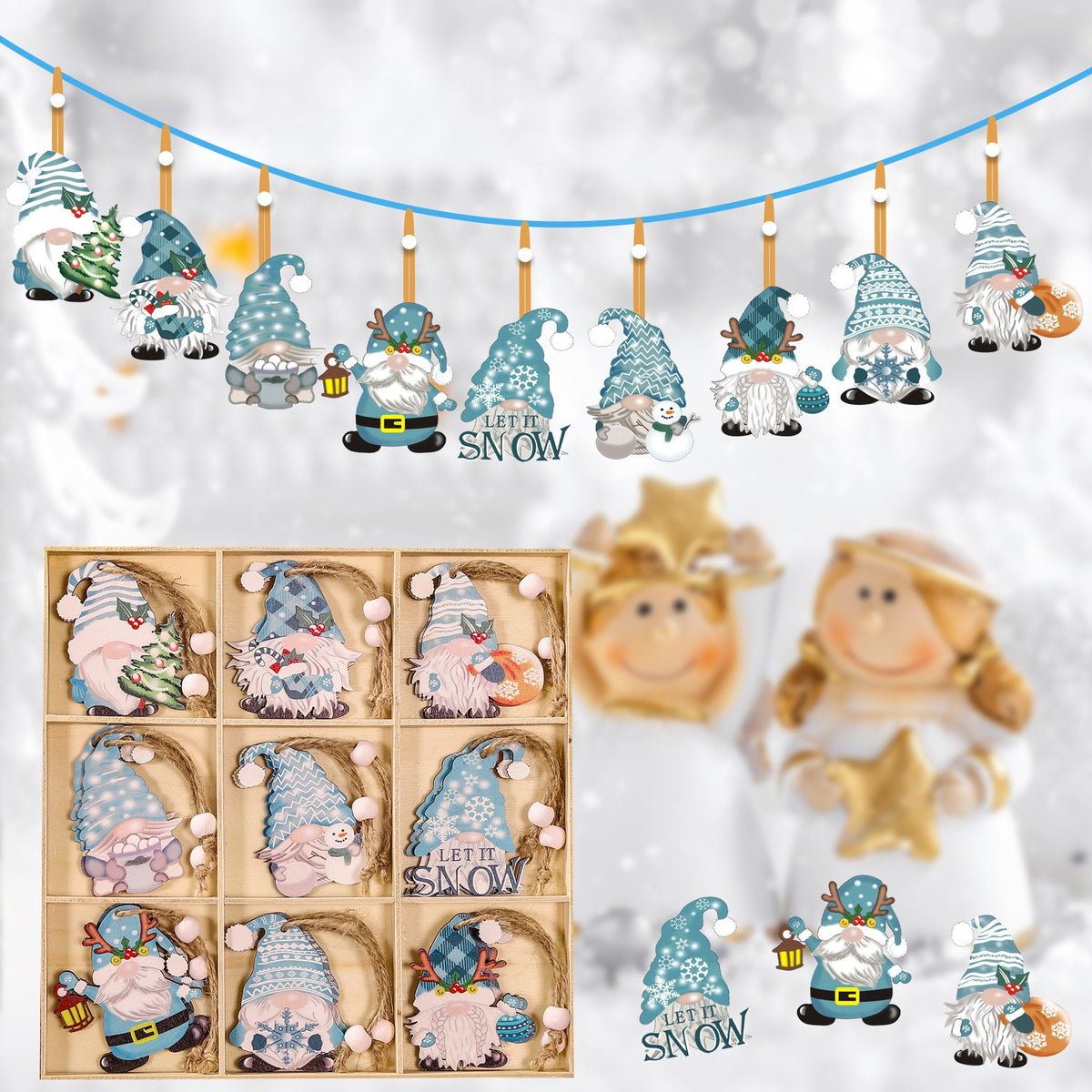 Set 18 Decoratiuni de Craciun din Lemn, Ornamente pentru Brad cu Snur, Model Gnomi Traditionali, Albastru