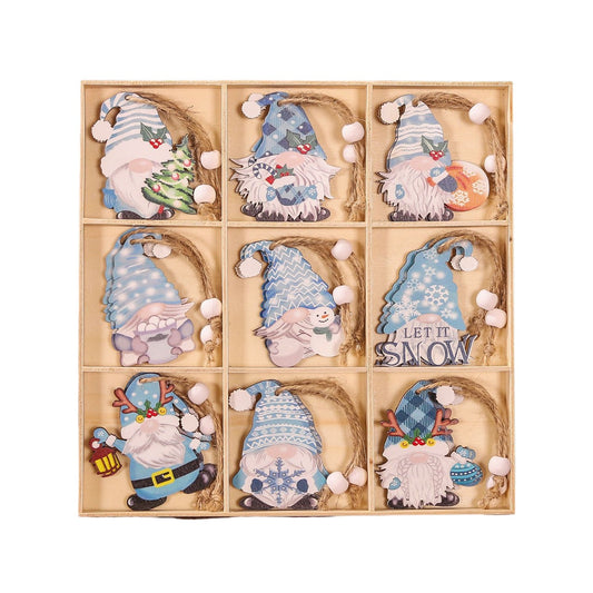 Set 18 Decoratiuni de Craciun din Lemn, Ornamente pentru Brad cu Snur, Model Gnomi Traditionali, Albastru
