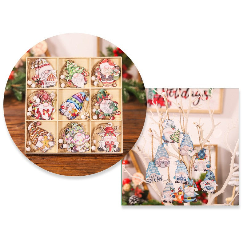 Set 18 Decoratiuni de Craciun din Lemn, Ornamente pentru Brad cu Snur, Model Gnomi Traditionali, Albastru