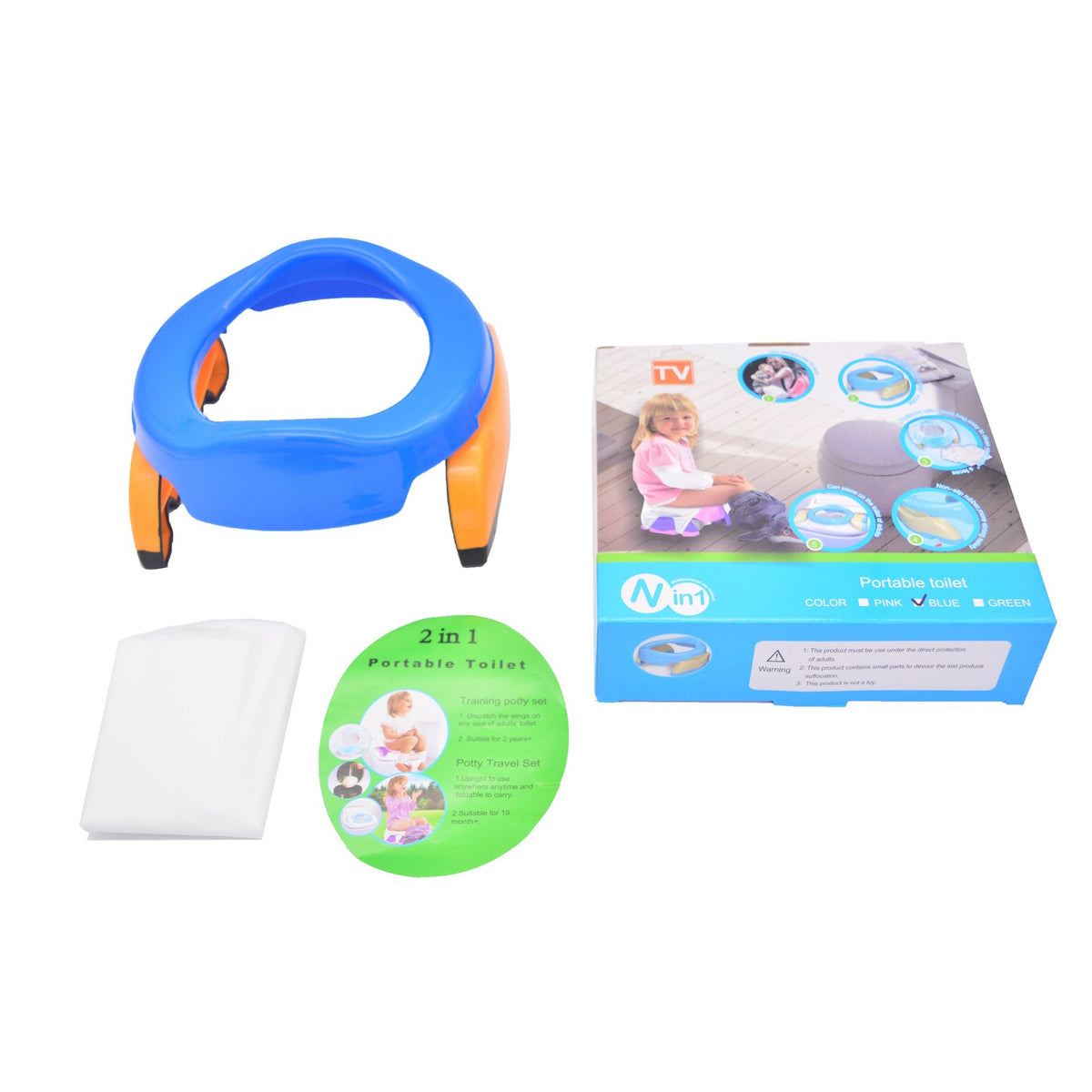 Olita Portabila 2 in 1 si Reductor WC Pliabil, Olita de Calatorie cu Baza Antiderapanta, Plastic, Diametru 21 cm, Albastru