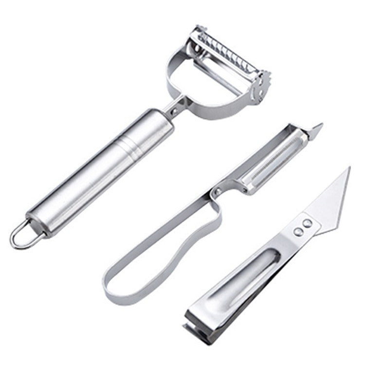 Set 3 Piese Accesorii Curatare si Decojire Fructe sau Legume, Cutit Feliator si Decojitor cu Maner, Otel Inoxidabil, 17.5 cm, Argintiu