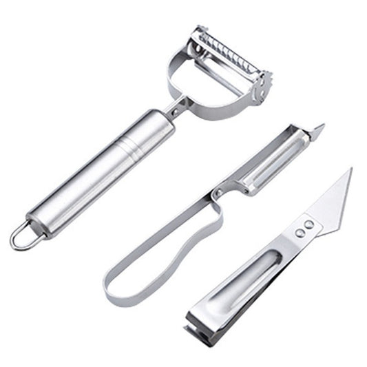 Set 3 Piese Accesorii Curatare si Decojire Fructe sau Legume, Cutit Feliator si Decojitor cu Maner, Otel Inoxidabil, 17.5 cm, Argintiu
