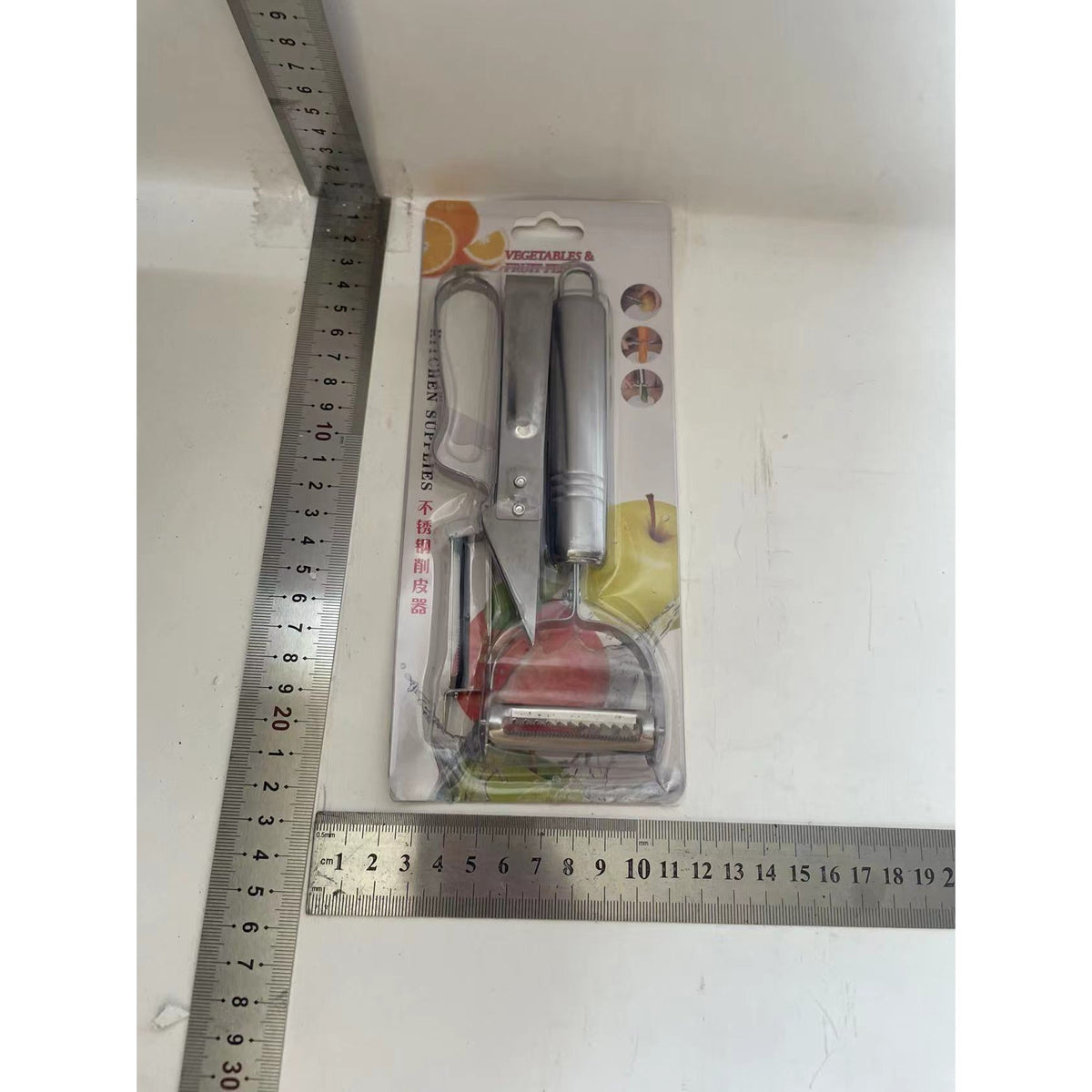 Set 3 Piese Accesorii Curatare si Decojire Fructe sau Legume, Cutit Feliator si Decojitor cu Maner, Otel Inoxidabil, 17.5 cm, Argintiu