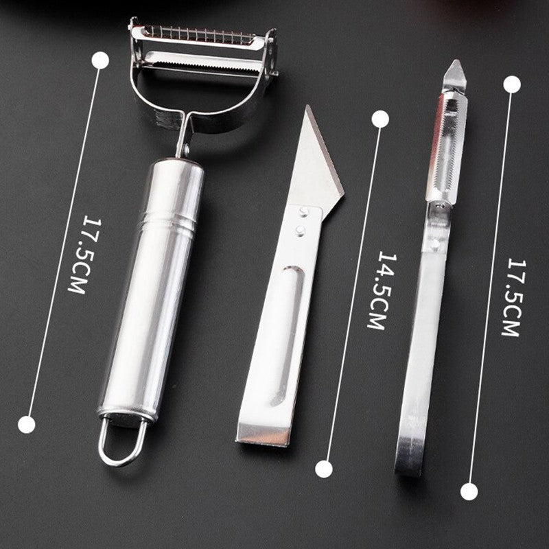 Set 3 Piese Accesorii Curatare si Decojire Fructe sau Legume, Cutit Feliator si Decojitor cu Maner, Otel Inoxidabil, 17.5 cm, Argintiu