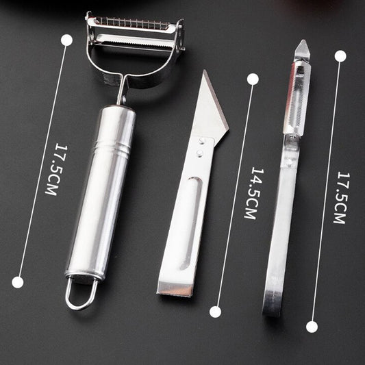 Set 3 Piese Accesorii Curatare si Decojire Fructe sau Legume, Cutit Feliator si Decojitor cu Maner, Otel Inoxidabil, 17.5 cm, Argintiu