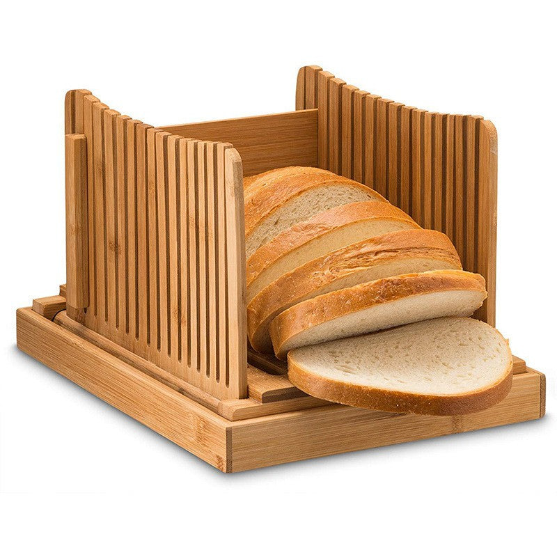 Tocator de Feliat Paine, Suport cu Tava Colectare Firimituri, Lemn de Bambus Natural, 31.7x23.7x6 cm, Maro