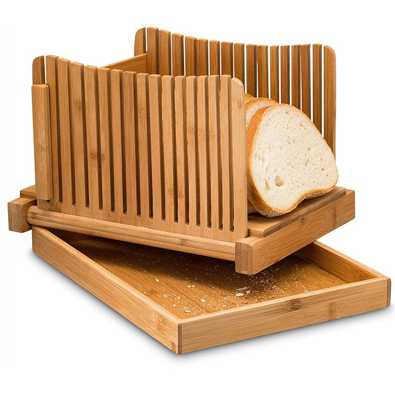 Tocator de Feliat Paine, Suport cu Tava Colectare Firimituri, Lemn de Bambus Natural, 31.7x23.7x6 cm, Maro