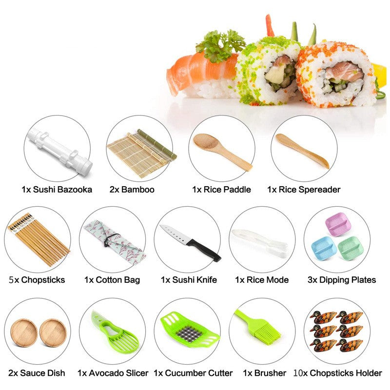 Set Preparare Sushi, Kit Complet 31 Accesorii pentru Gatit, Include Cutit Professional, Forme Modelare, Betisoare Bambus, Material Plastic Alimentar, Multicolor