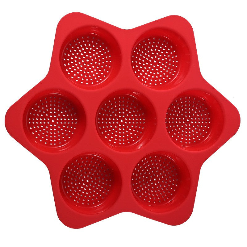 Tava Silicon pentru Copt cu 7 Forme Rotunde, Matrita Antiaderenta pentru Burgeri si Prajituri, Rezistenta la Temperaturi Inalte, Silicon Alimentar, 38.5 x 4 cm, Rosu