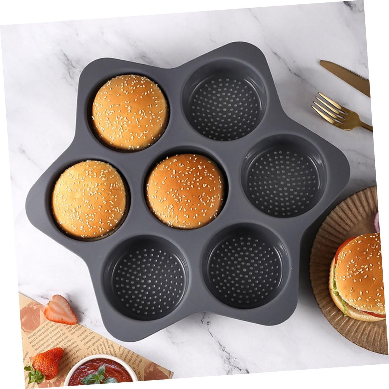 Forma de Silicon pentru Copt, Tava cu 7 Cavitati Rotunde pentru Burgeri si Prajituri, Material Antiaderent Termorezistent, 38.5 x 4 cm, Negru