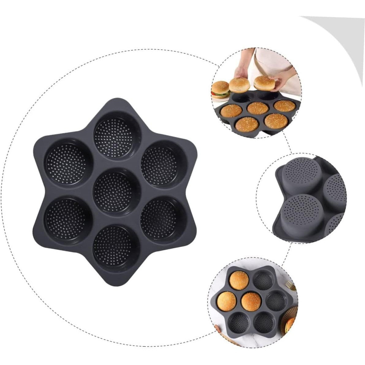 Forma de Silicon pentru Copt, Tava cu 7 Cavitati Rotunde pentru Burgeri si Prajituri, Material Antiaderent Termorezistent, 38.5 x 4 cm, Negru