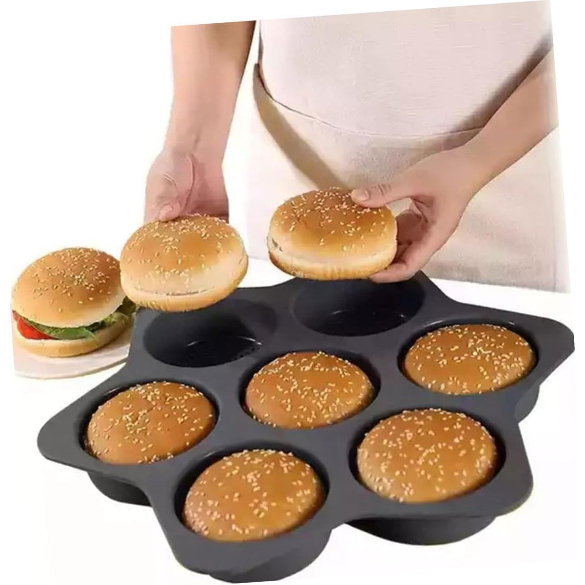 Forma de Silicon pentru Copt, Tava cu 7 Cavitati Rotunde pentru Burgeri si Prajituri, Material Antiaderent Termorezistent, 38.5 x 4 cm, Negru