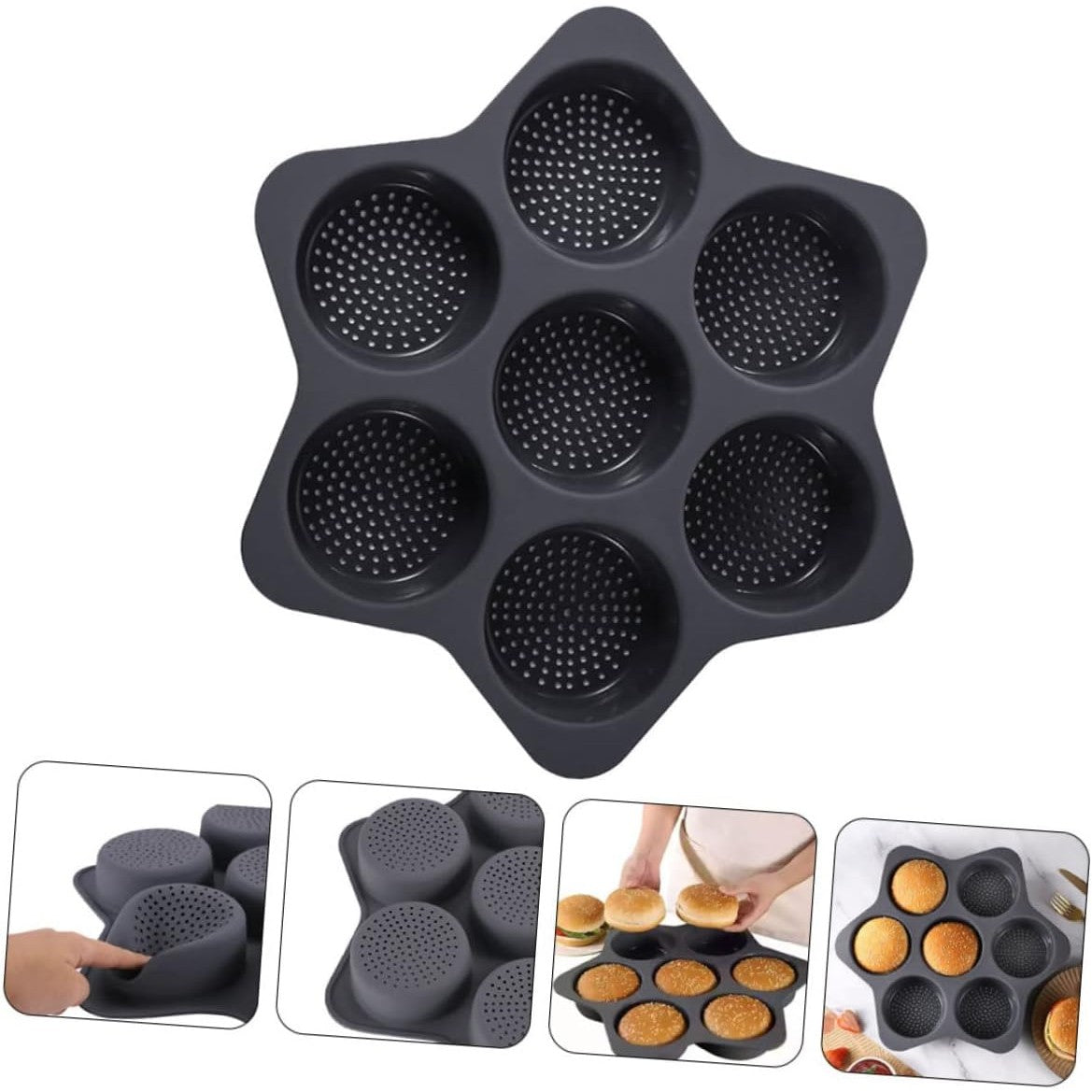 Forma de Silicon pentru Copt, Tava cu 7 Cavitati Rotunde pentru Burgeri si Prajituri, Material Antiaderent Termorezistent, 38.5 x 4 cm, Negru