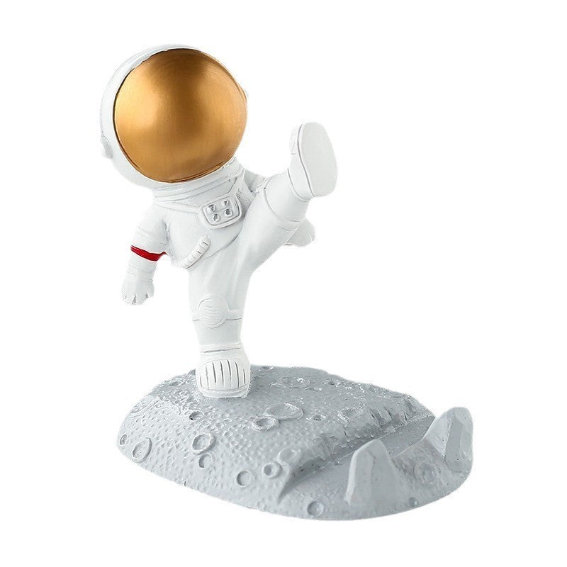 Suport Telefon pentru Birou, Statueta Decorativa Model Astronaut, Suport Mobil pentru Copii, Rasina, 9 x 10 x 6.5 cm, Alb/Auriu