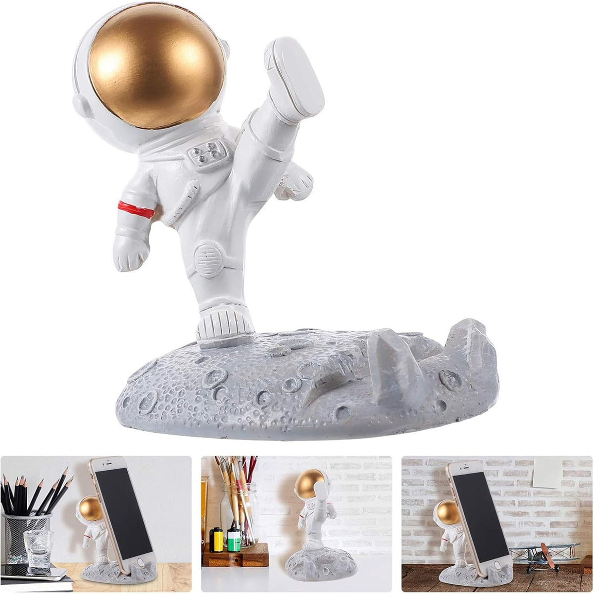 Suport Telefon pentru Birou, Statueta Decorativa Model Astronaut, Suport Mobil pentru Copii, Rasina, 9 x 10 x 6.5 cm, Alb/Auriu
