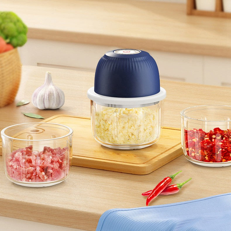 Tocator Electric pentru Bucatarie, Presa Multifunctionala pentru Legume, Fructe si Carne, Lame din Otel Inoxidabil, Capacitate 350 ml, 14 x 10.5 cm, Albastru Inchis